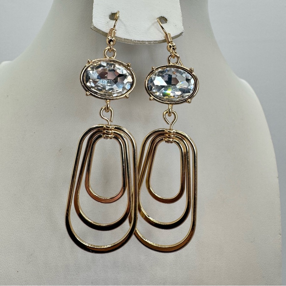 Gold Crystal Geometric Dangle Earrings Modern Oval Link Drop Statement